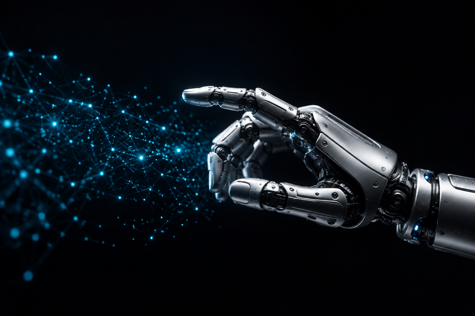 A silver robotic hand reaching toward a luminous network of AI agents